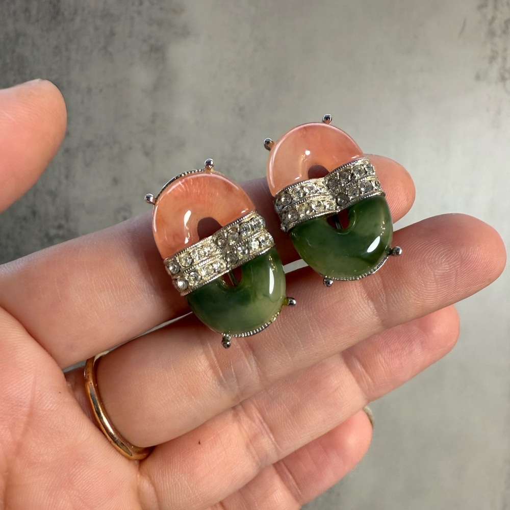 ✨ Kenneth Jay Lane Jade Clip-On Earrings – Silver-Tone & Rhinestone Accents
